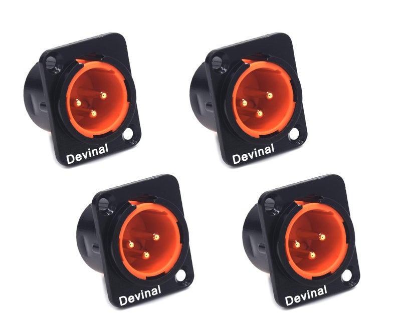 Devinal XLR Male Jack 3 Pin - Chassis Panel Mount Jacks D Series Size, Black Metal Housing, Fits Series D Pattern Holes Audio Studio Connector - 4 Pack - Image 1